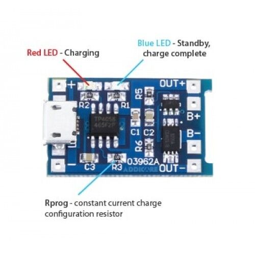 TLP4056 MODULO 5V MICRO-USB 1AMP. CARGADOR BATERIAS LITIO 18650 ARDUINO   10-16