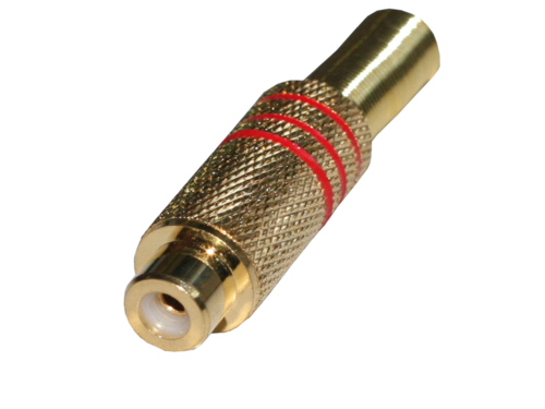 CONECTOR RCA HEMBRA VÍDEO. METÁLICO DORADO CON ARO ROJO